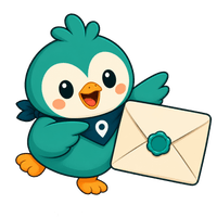Roamio the penguin pointing at a sealed envelope