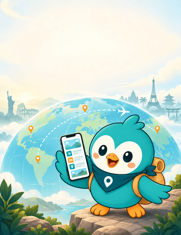 Roamio the penguin standing on a cliff holding a phone, with a globe and world landmarks behind him