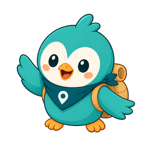 Roamio the penguin waving, with his backpack on